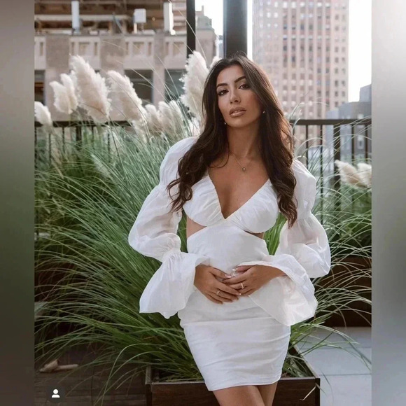 NWOT Alamour The Label Miliani White Cotton Cutout Puff Sleeve Mini Dress XS - Picture 8 of 15